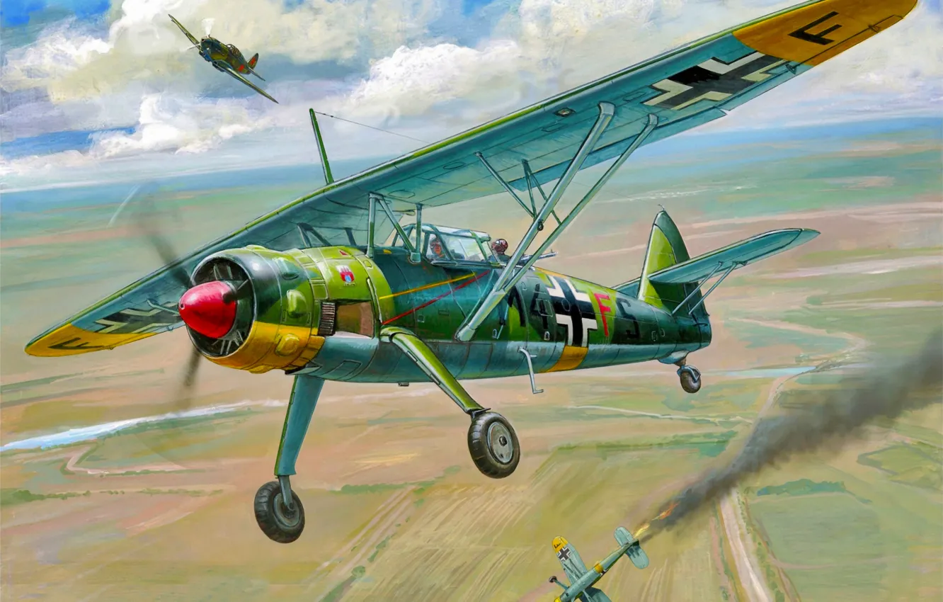 Фото обои war, art, airplane, painting, aviation, Henschel Hs 126B
