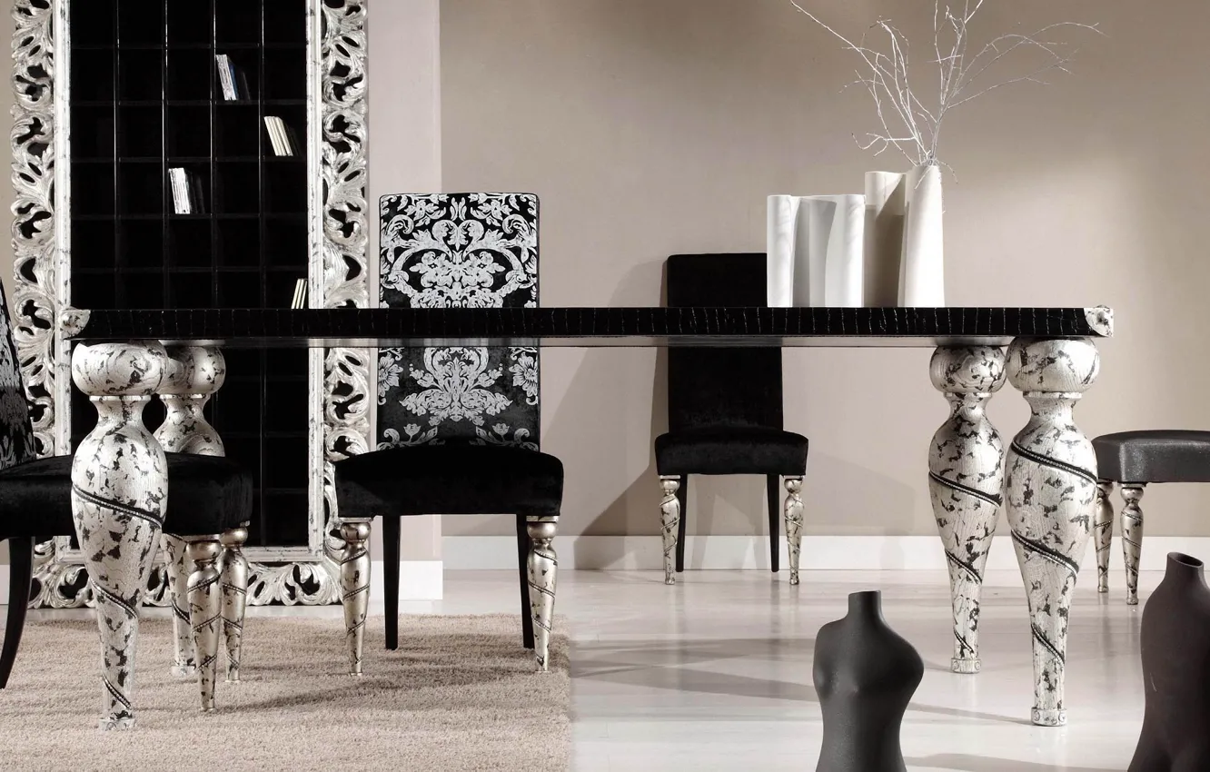 Фото обои белый, дизайн, стиль, стол, комната, черно-белый, черный, стулья