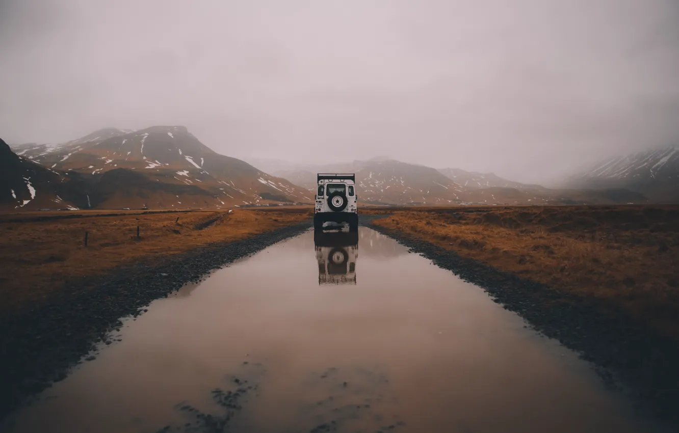 Фото обои Land Rover, Car, Water, Defender, River, Rocks, Fog, Offroad