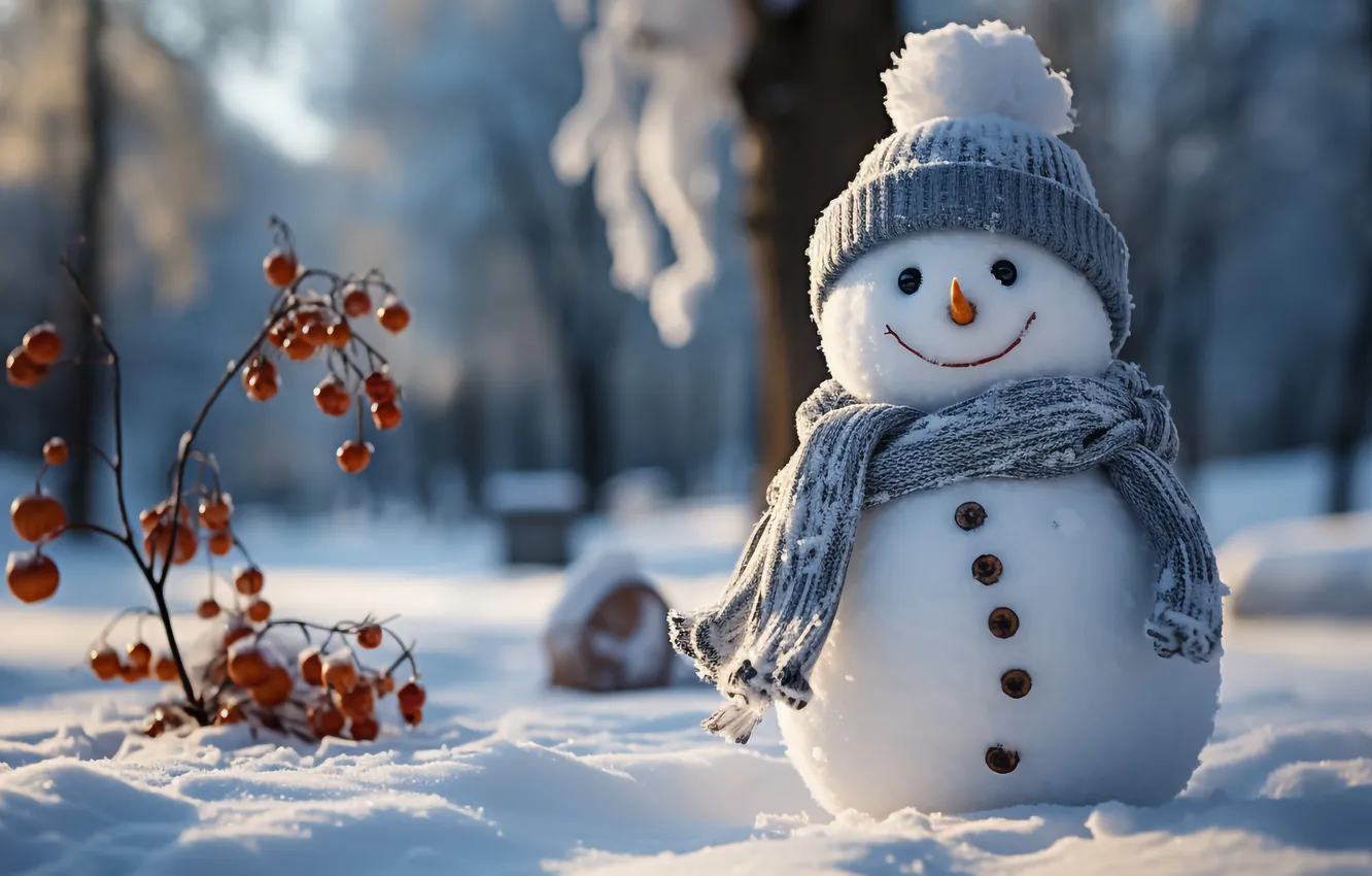 Фото обои зима, снег, Рождество, Новый год, снеговик, Christmas, winter, snow