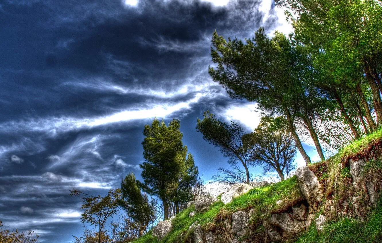 Фото обои небо, облака, деревья, пейзаж, камни, обрыв