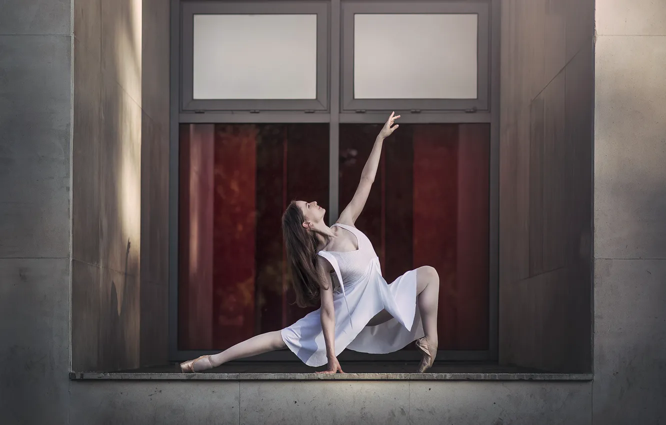Фото обои девушка, поза, окно, балерина