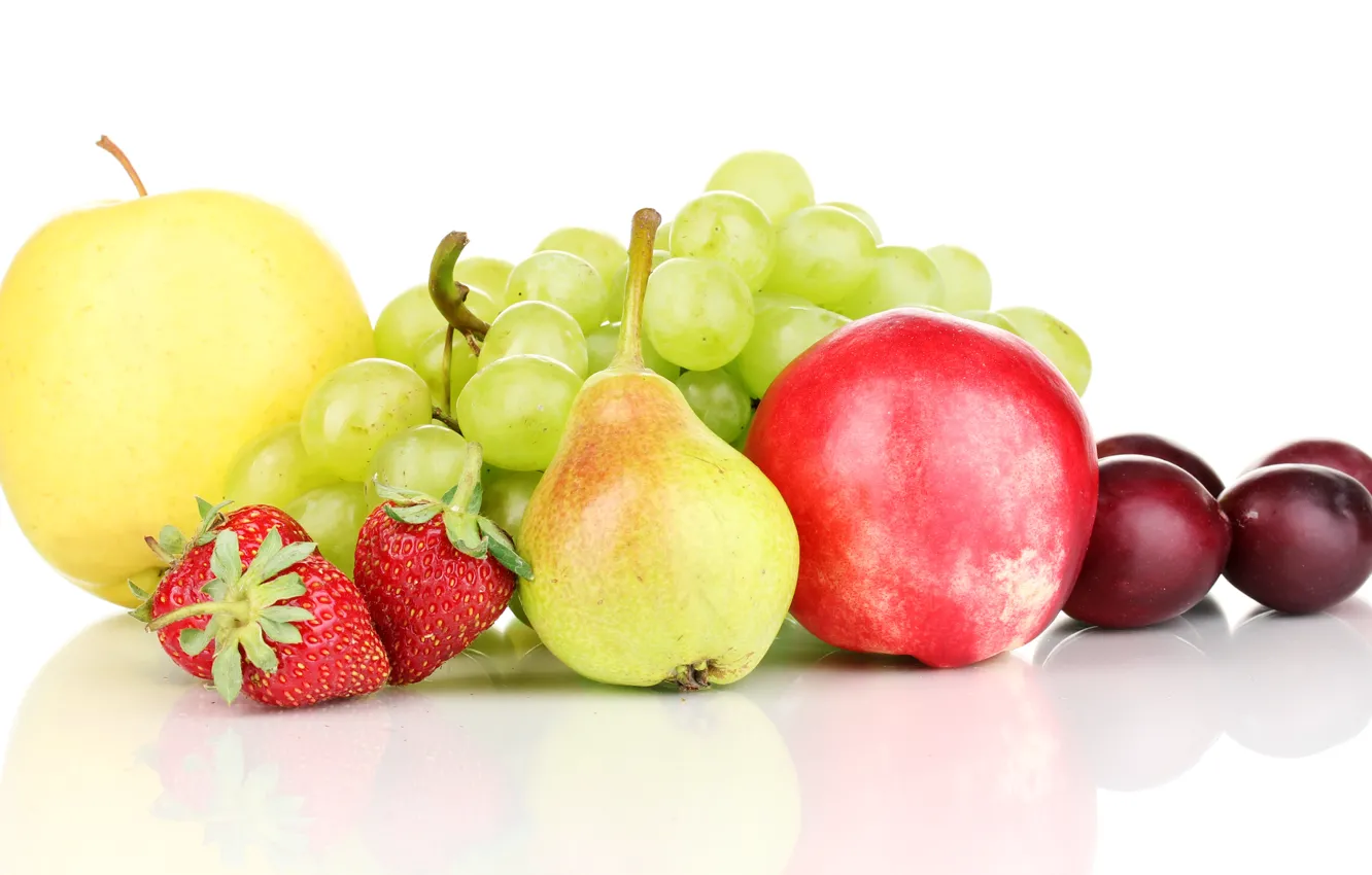 Фото обои ягоды, яблоки, клубника, виноград, фрукты, сливы, груши