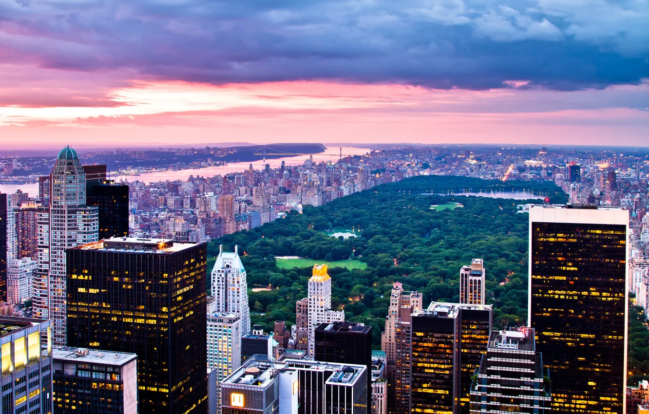 Фото обои закат, город, New York, центральный парк