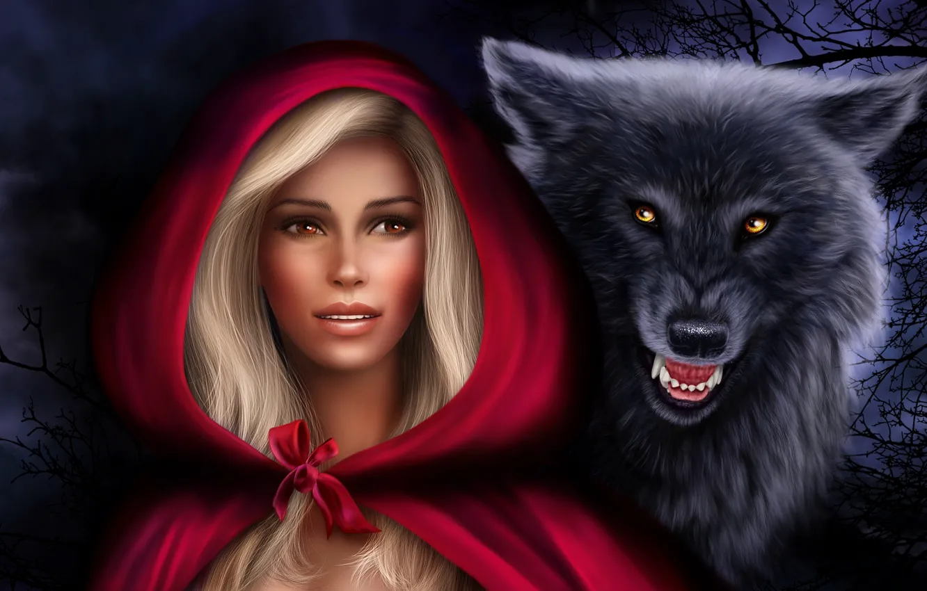 Фото обои девушка, волк, хищник, красная шапочка, капюшон, Photoshop, Нelena