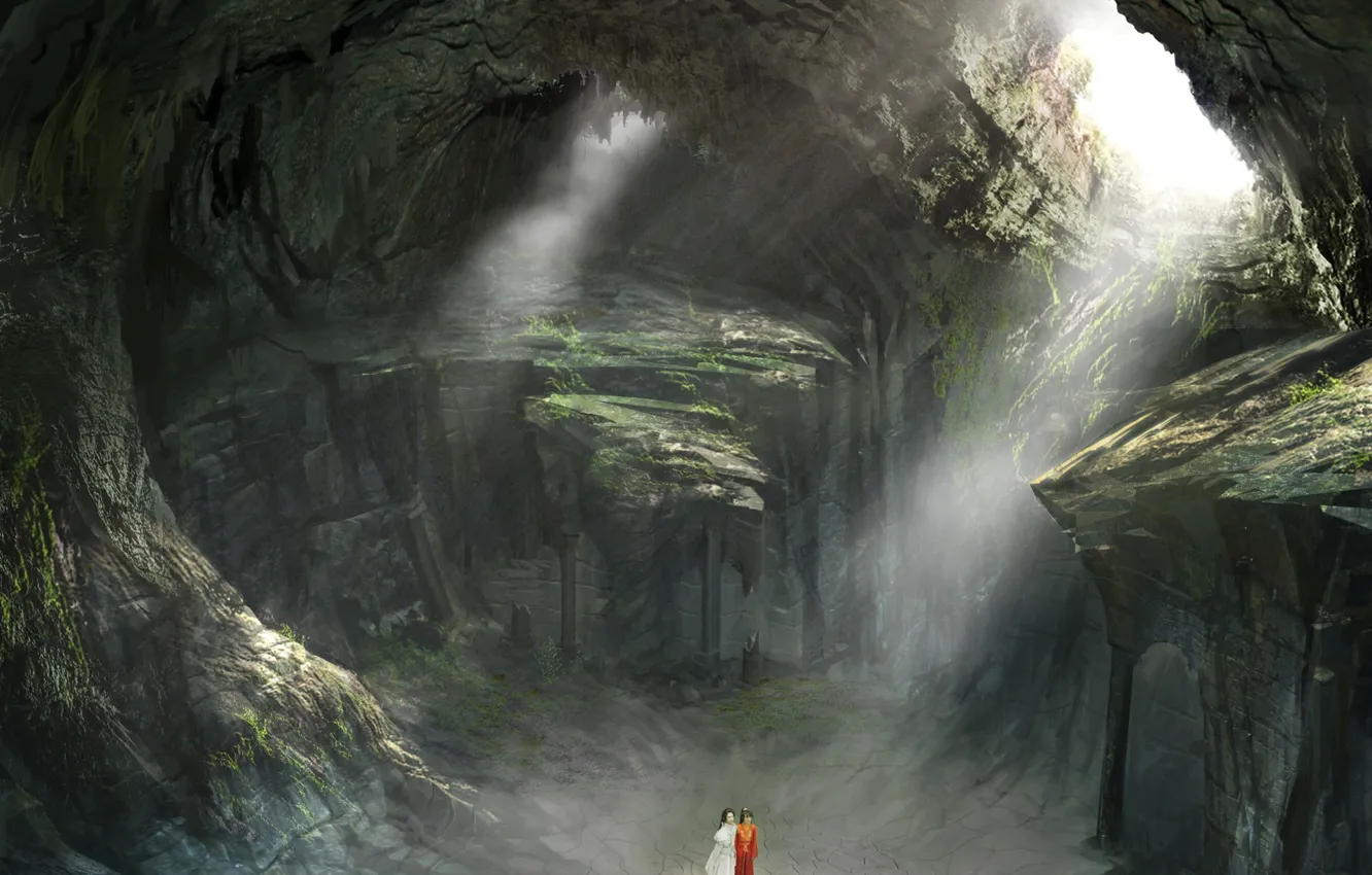 Фото обои женщины, пещера, лучи света, Love O2O scenery concept