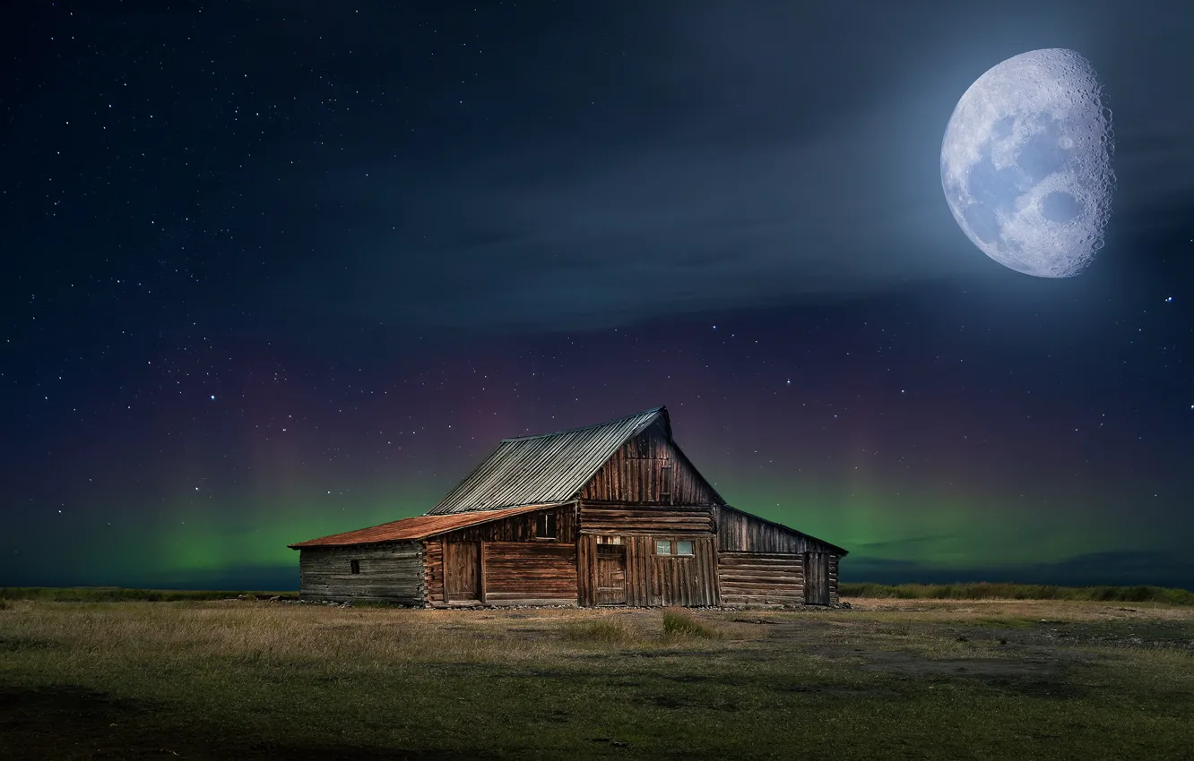 Фото обои поле, звезды, ночь, рендеринг, луна, северное сияние, домик