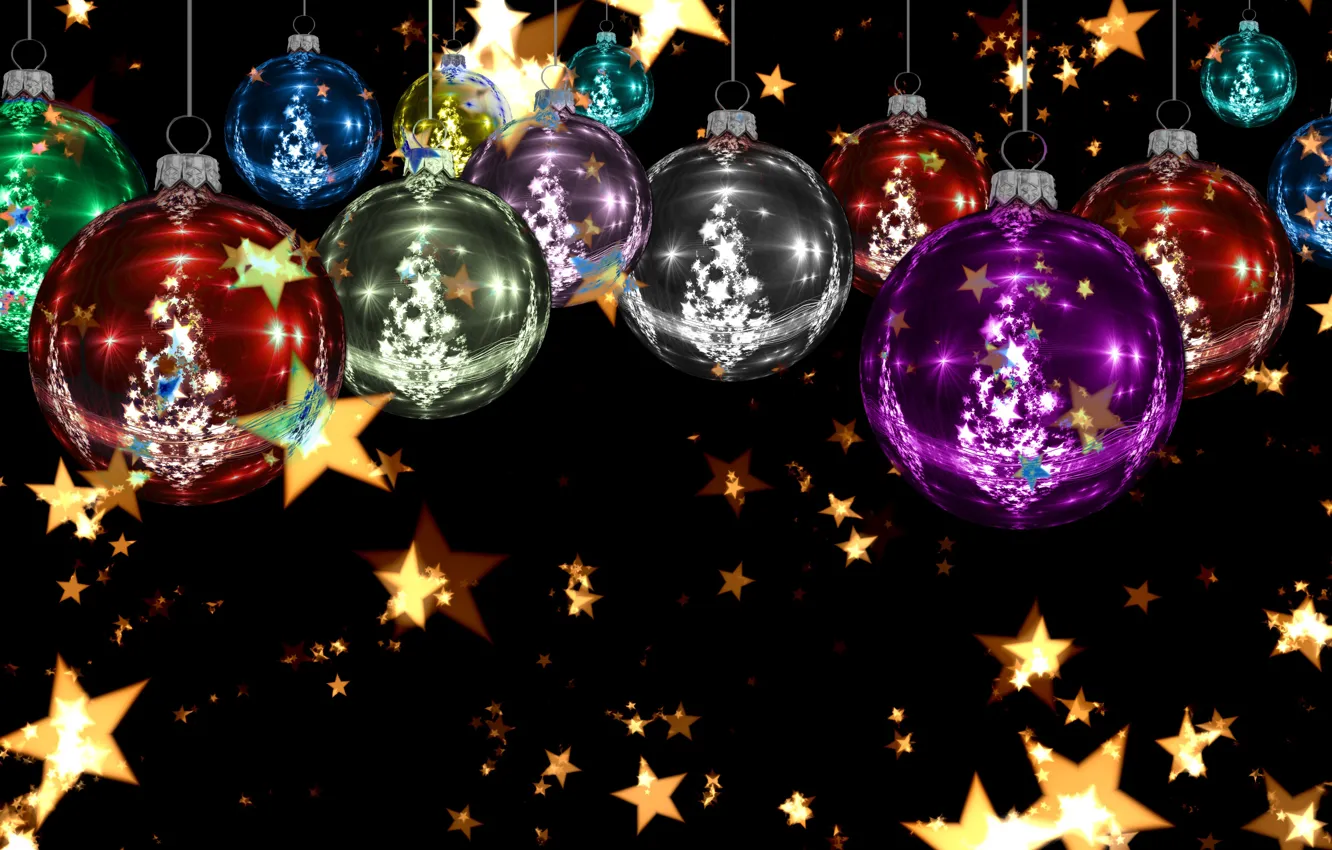 Фото обои звезды, шарики, украшения, сияние, фон, праздник, яркие, игрушки