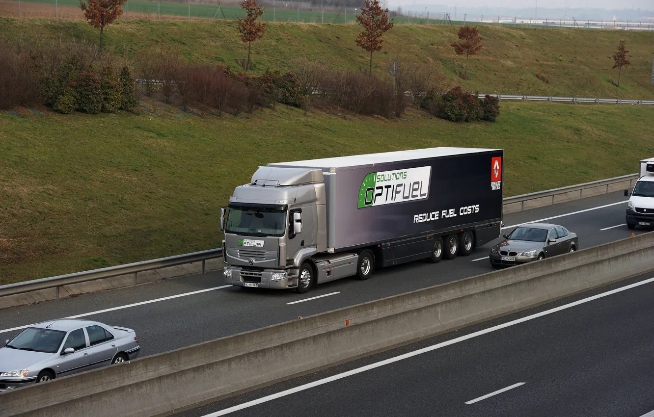 Фото обои серый, транспорт, трасса, грузовик, Renault, седельный тягач, 4x2, полуприцеп