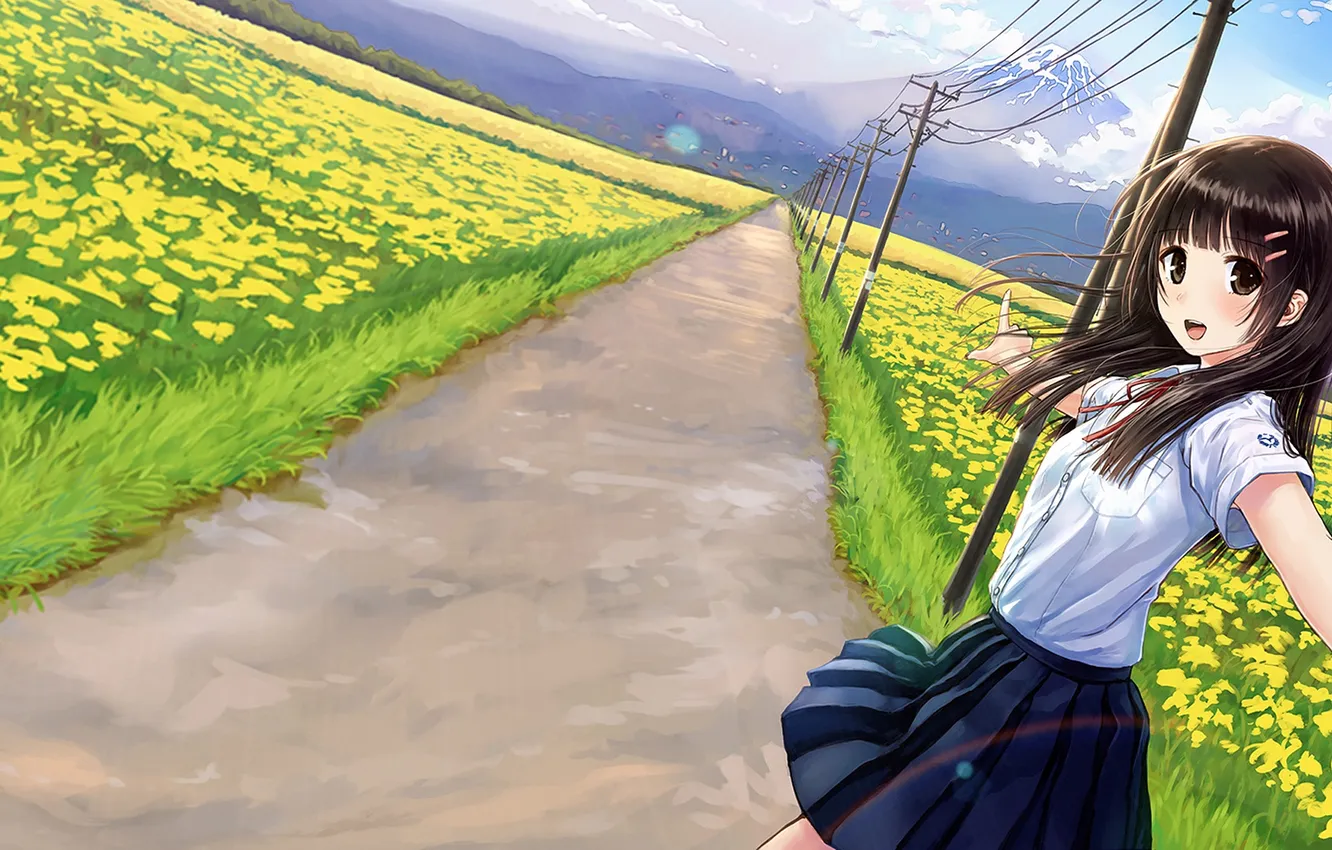 Фото обои дорога, девушка, цветы, поля, гора, арт, форма, школьница