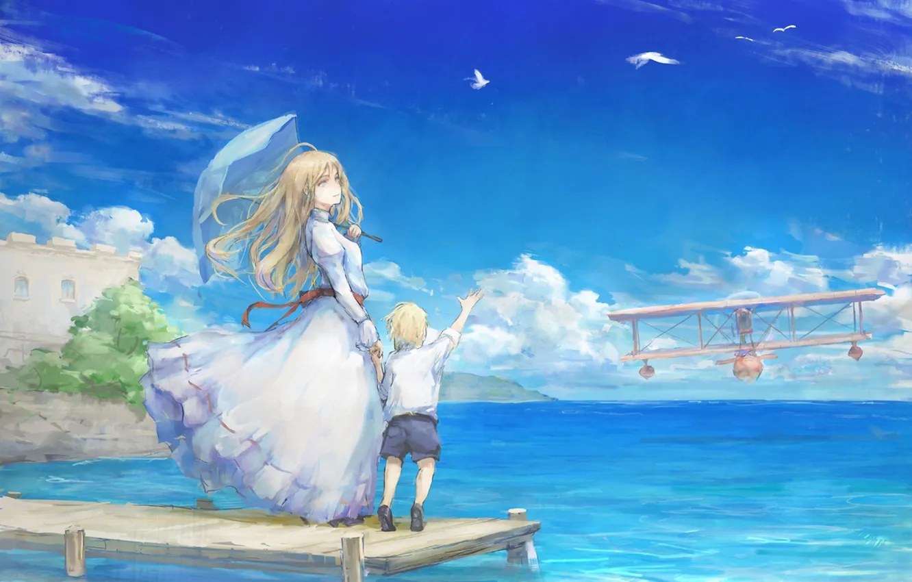 Фото обои девушка, озеро, самолет, эмоции, ветер, зонт, мальчик, причал