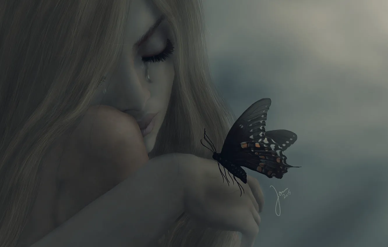 Фото обои девушка, настроение, бабочка, слезы, блондинка