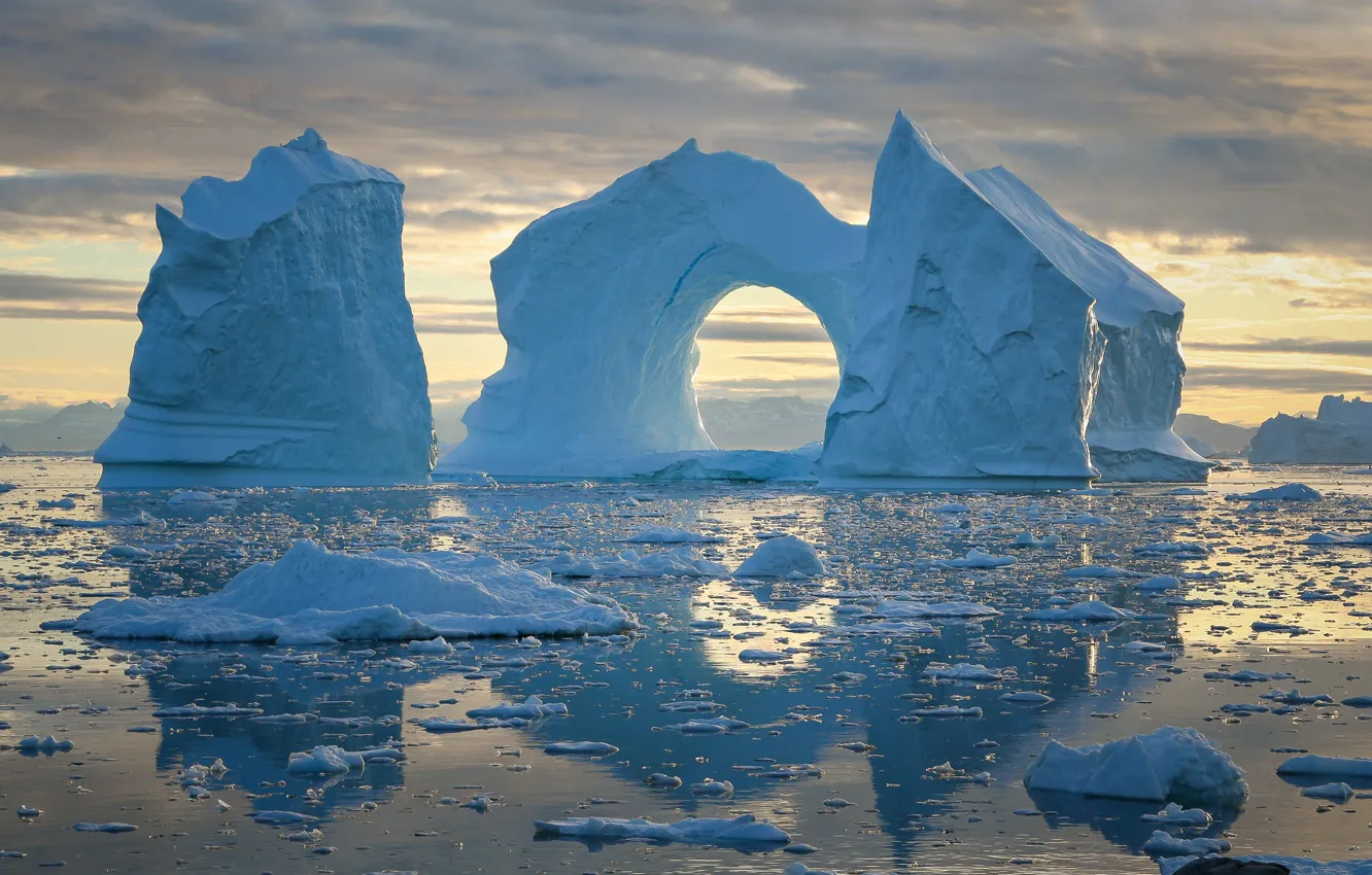 Фото обои море, льдины, айсберги, Гренландия, Greenland, Disko Bay, Залив Диско