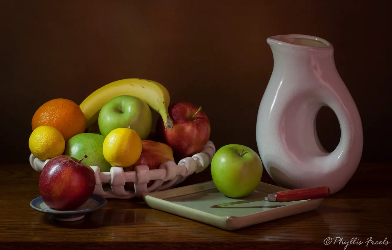 Фото обои стиль, фон, яблоки, нож, кувшин, фрукты, натюрморт, банан