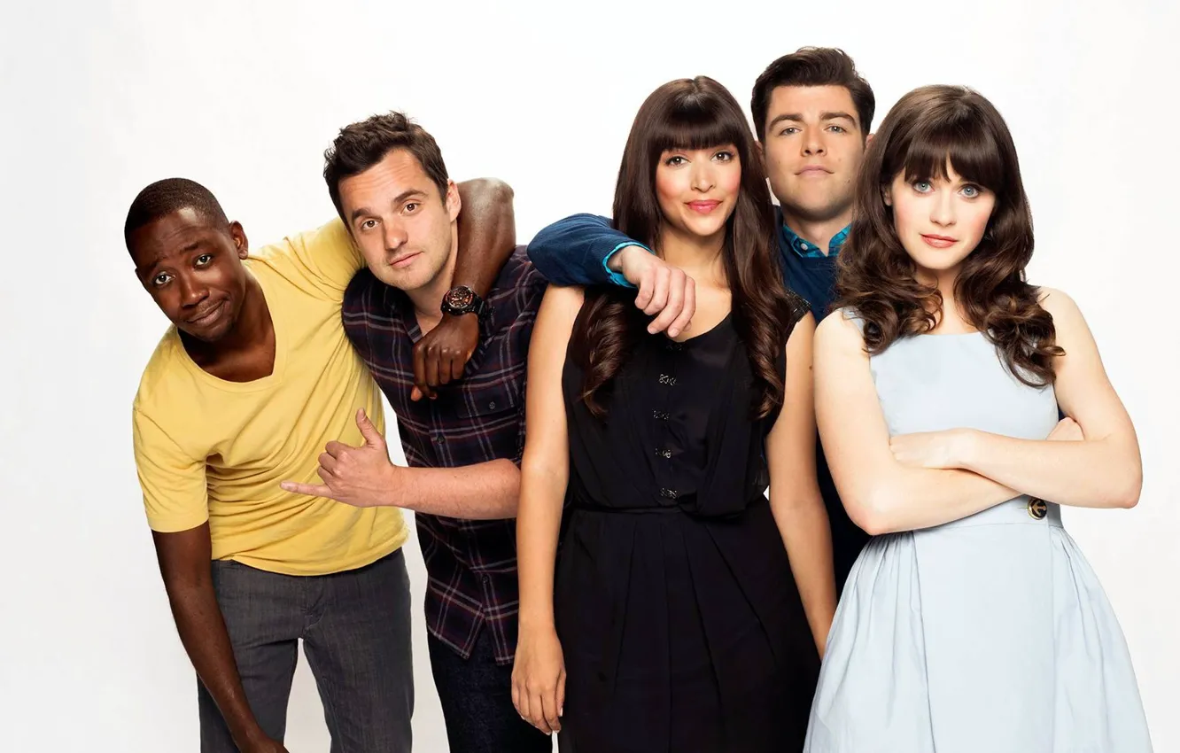 Фото обои сериал, Zooey Deschanel, Зои Дешанель, Ханна Саймон, Hannah Simone, Новенькая, New Girl, Jake Johnson