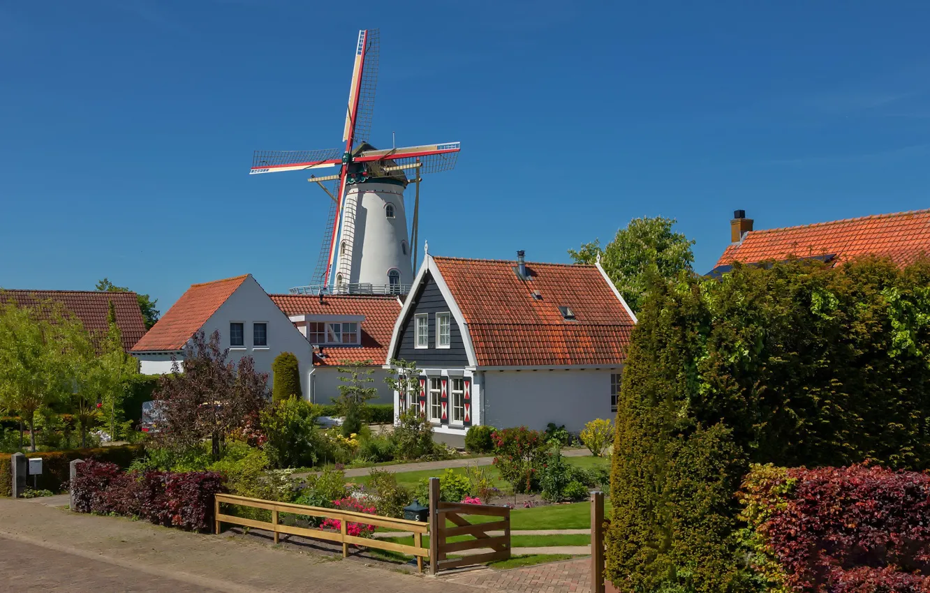 Фото обои дом, улица, Нидерланды, ветряная мельница