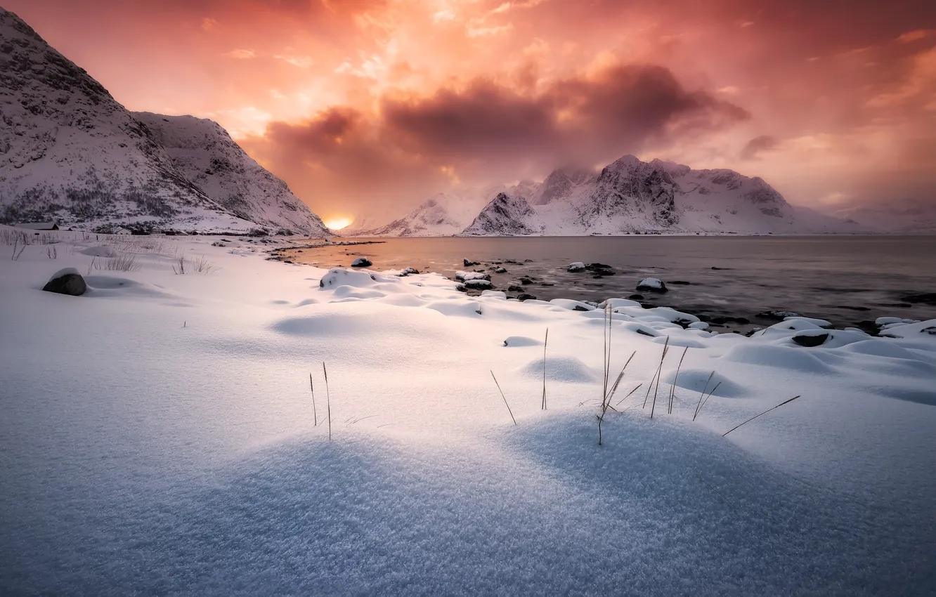 Фото обои зима, облака, снег, горы, вечер, Норвегия, север