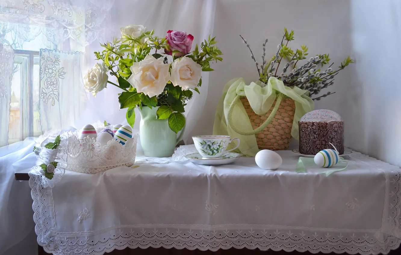 Фото обои цветы, ветки, праздник, розы, яйца, окно, Пасха, чашка
