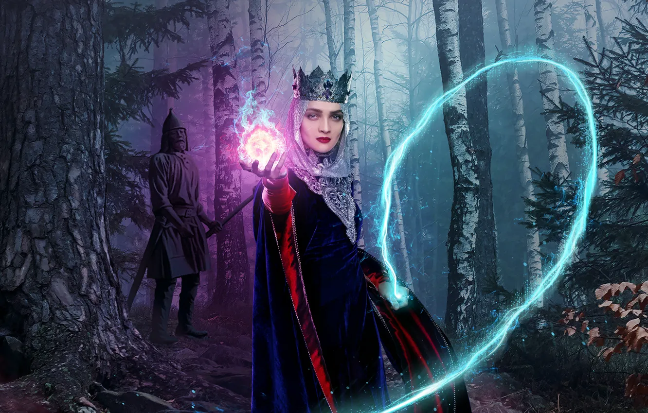 Фото обои лес, взгляд, магия, корона, макияж, статуя, Екатерина Вилкова, Последний богатырь