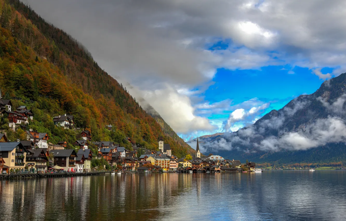 Фото обои облака, горы, озеро, Австрия, Hallstatt