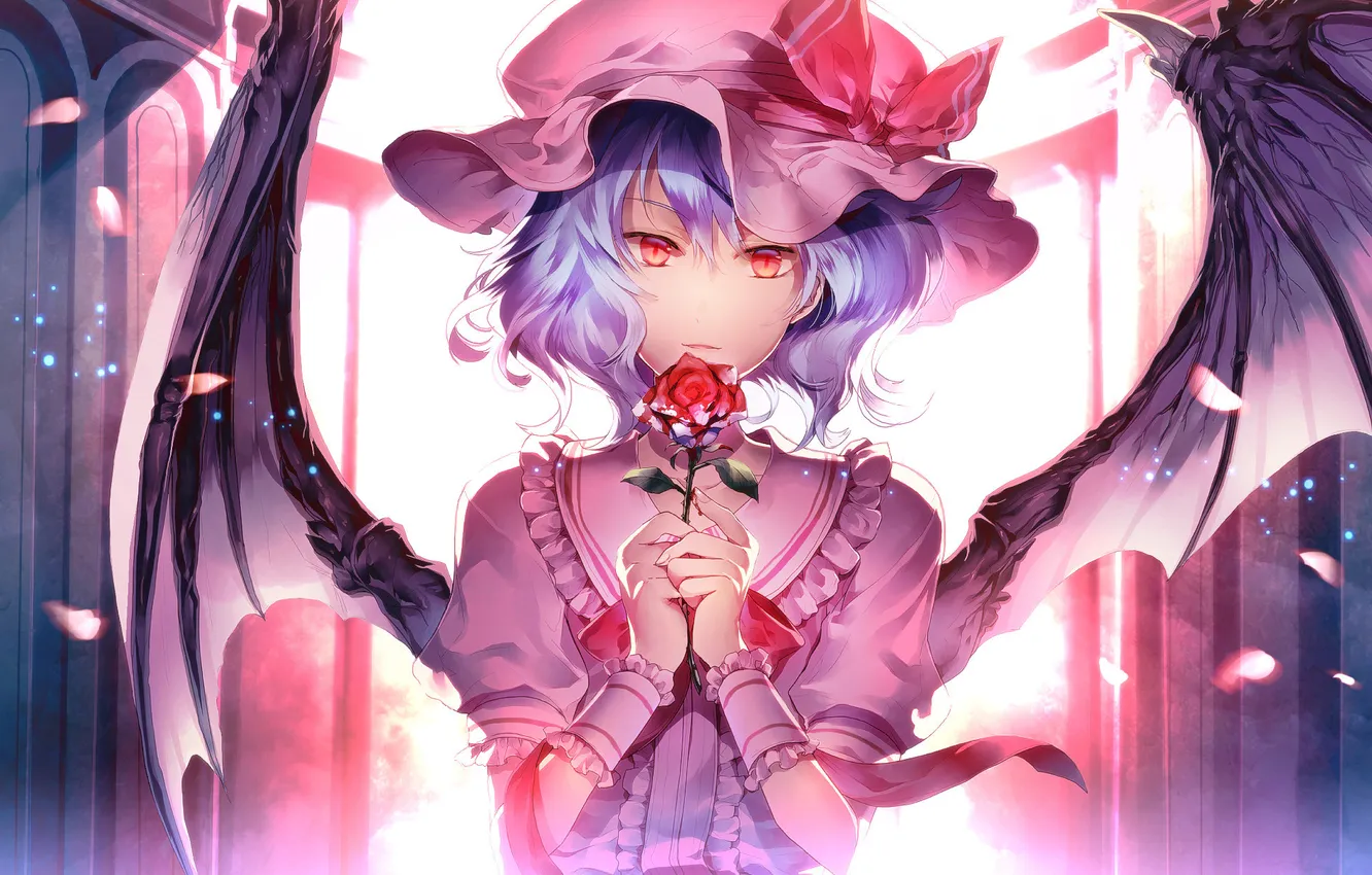 Фото обои цветок, взгляд, девушка, свет, роза, крылья, лепестки, демон