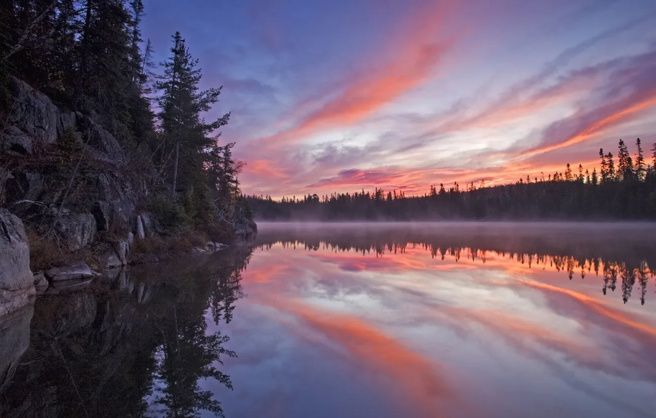 Фото обои лес, закат, озеро, Канада, Онтарио