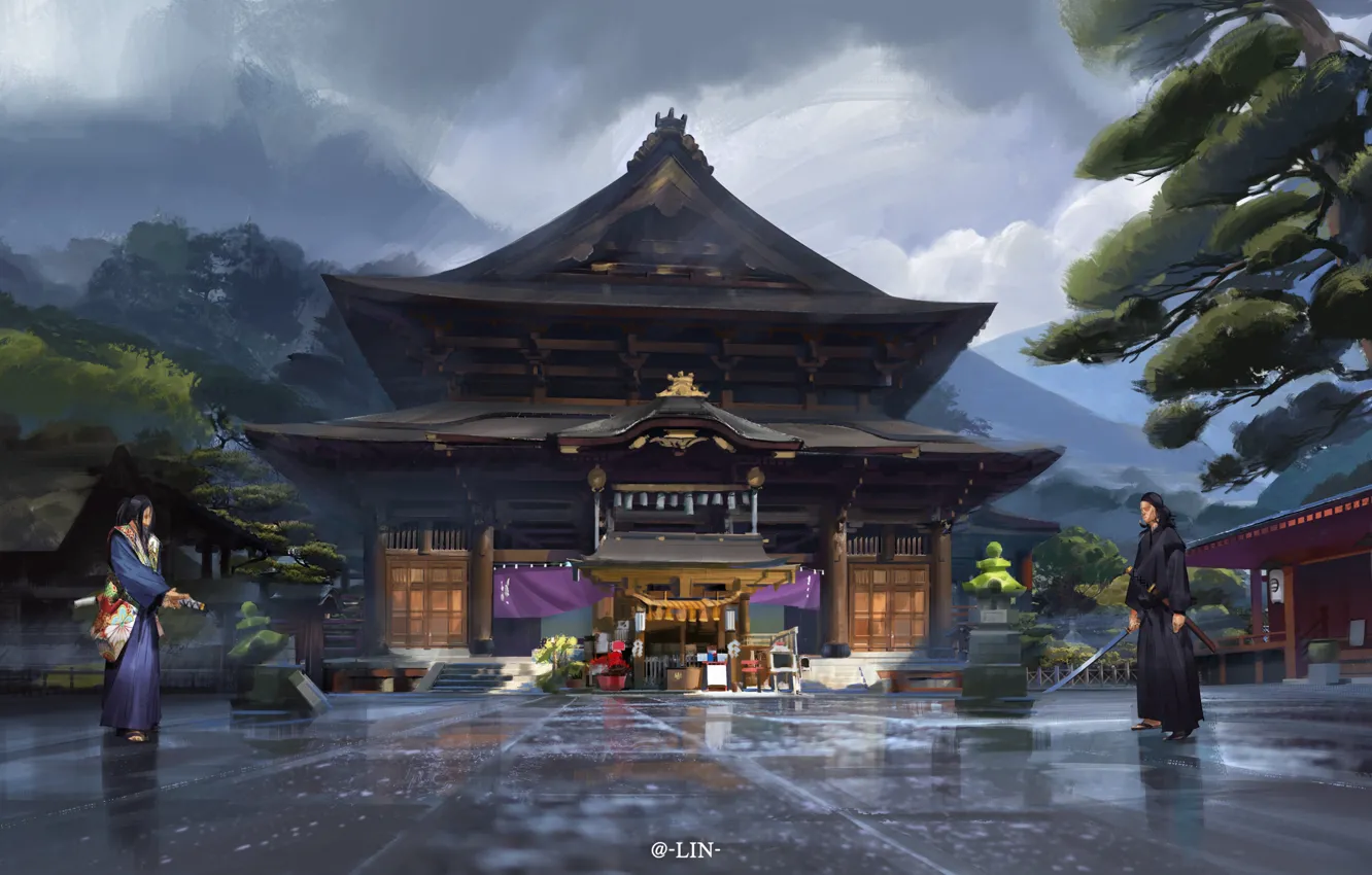 Фото обои Япония, площадь, храм, дуэль, Japan, катаны, самураи, samurai