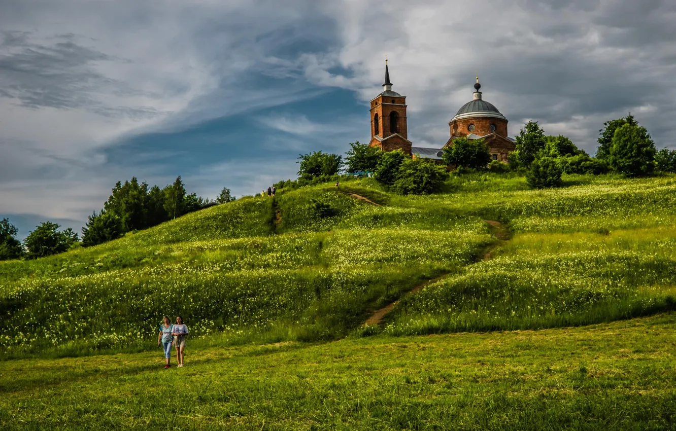 Фото обои лето, пейзаж, природа, травы, тропинка, колокольня, церквушка, Никола-Ленивец