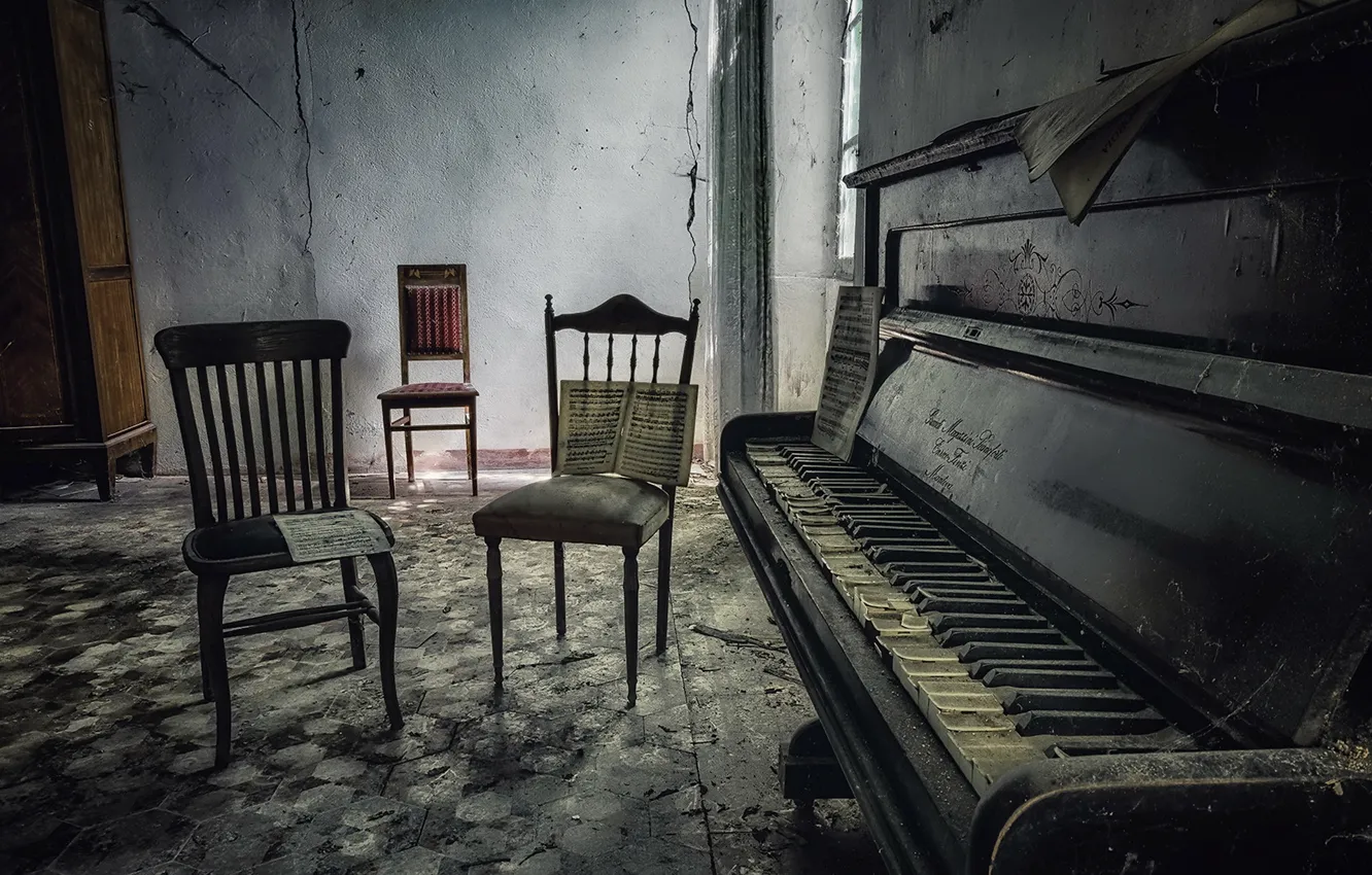 Фото обои ноты, стулья, пианино
