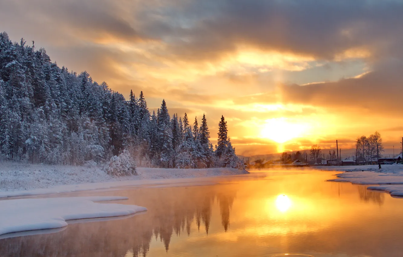 Фото обои зима, лес, озеро, восход, рассвет, forest, Winter, lake