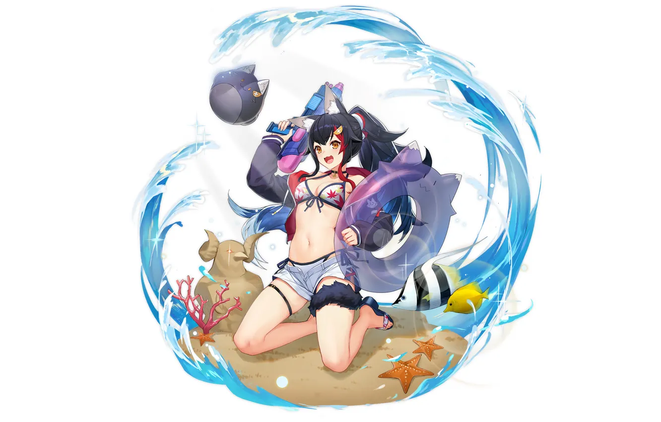 Фото обои girl, sexy, cleavage, beach, shorts, long hair, boobs, anime
