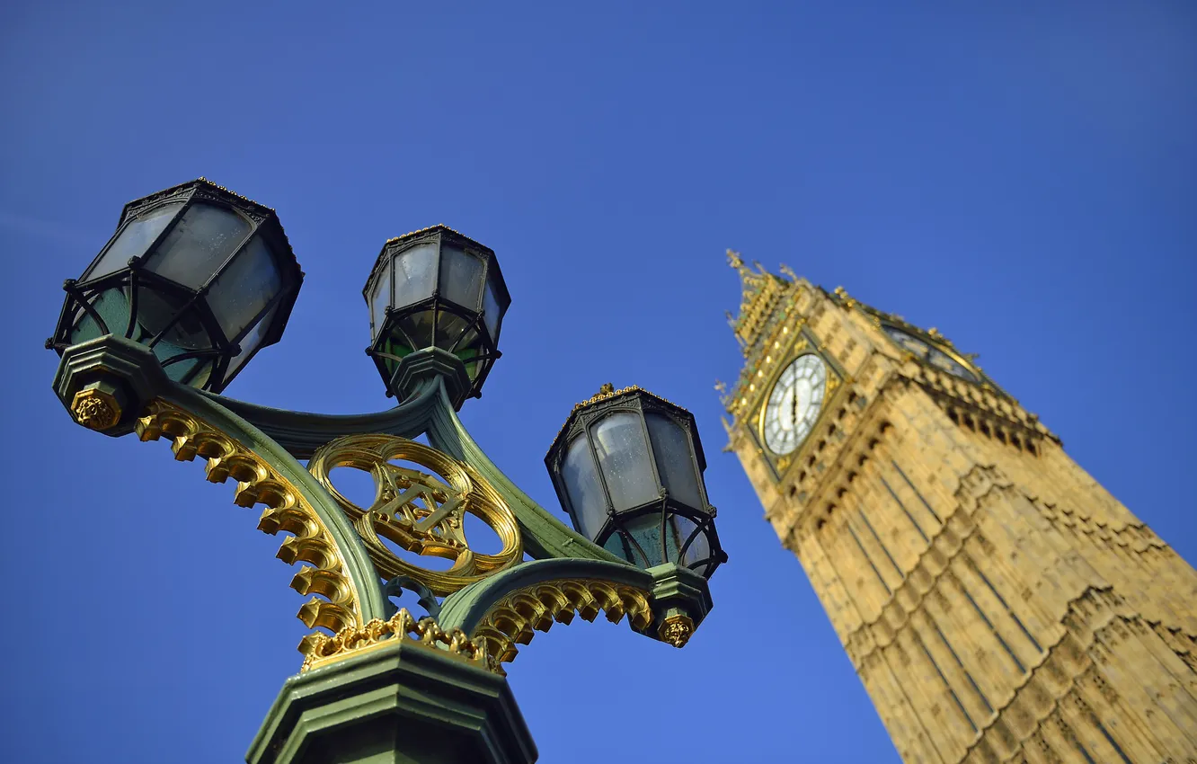 Фото обои небо, часы, англия, башня, лондон, фонарь, биг бэн