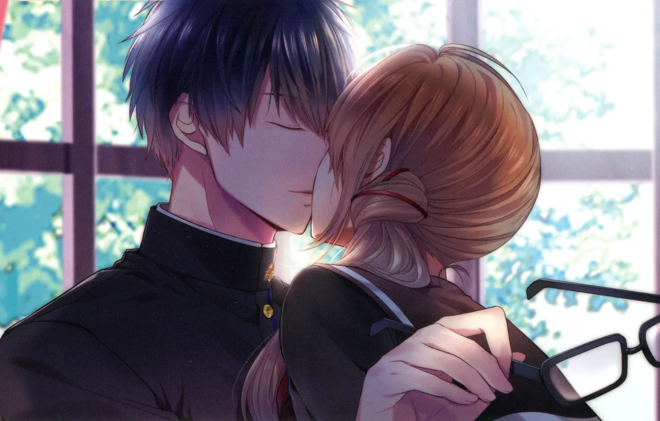 Фото обои поцелуй, очки, школьная форма, у окна, visual novel, парень с девушкой, Suuran Digit, by Melo