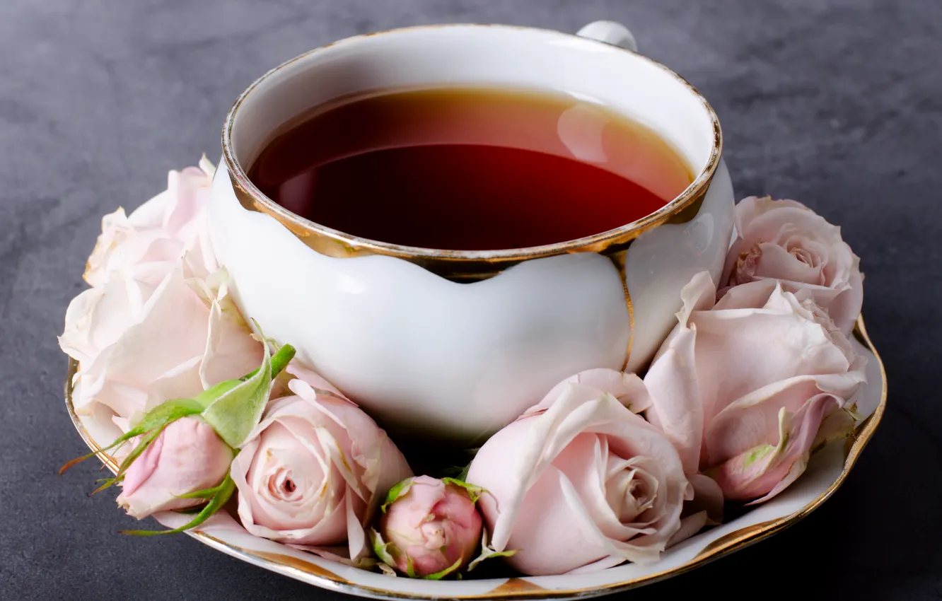 Фото обои цветы, чай, розы, чашка
