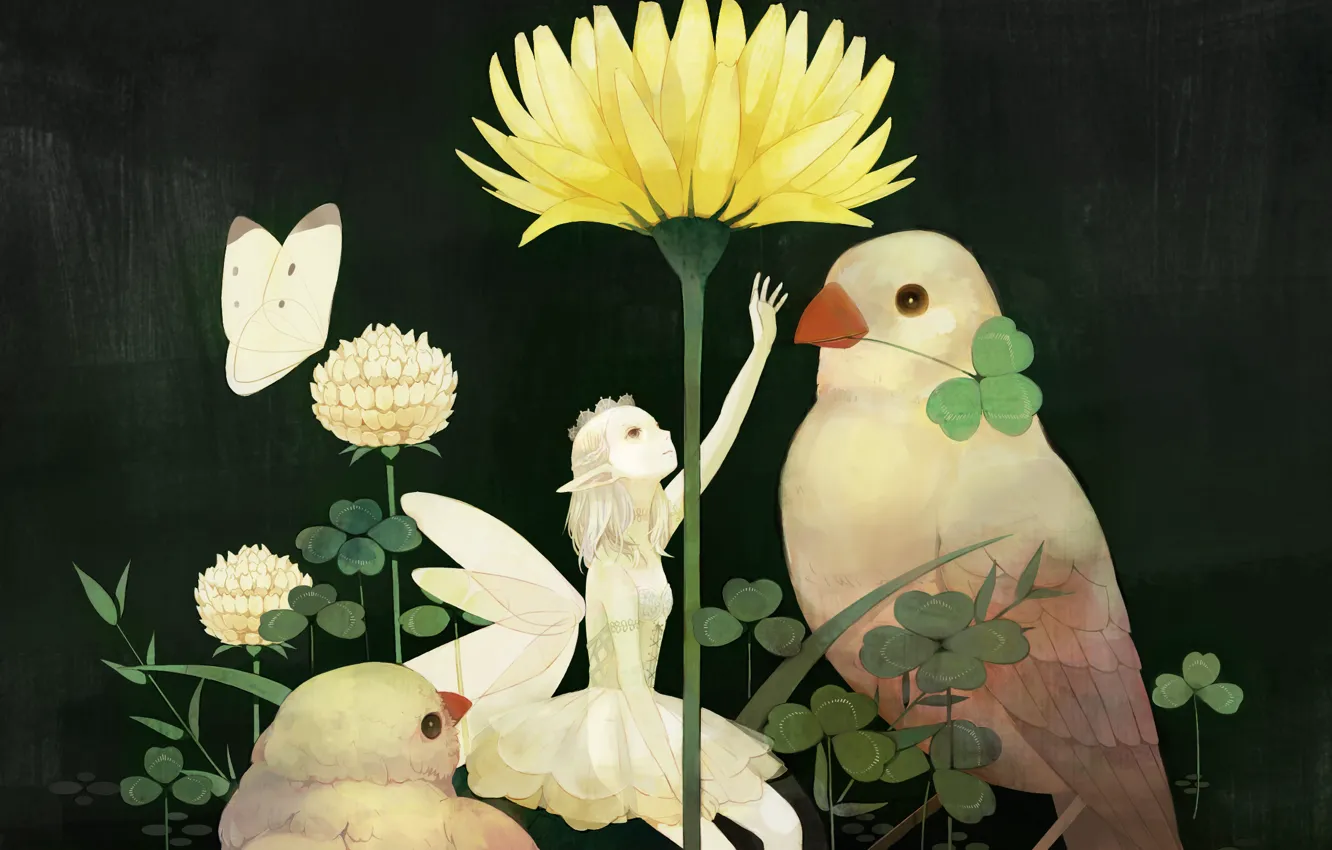 Фото обои цветок, птицы, бабочка, крылья, фея, Девочка