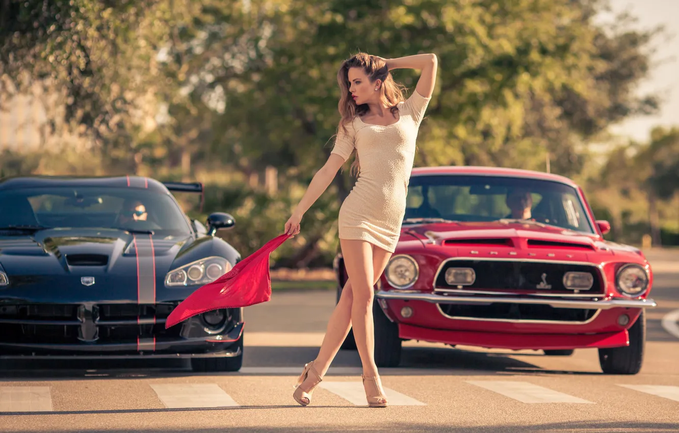 Фото обои девушка, Mustang, Ford, Модель, флаг, Dodge, red, мускул кар