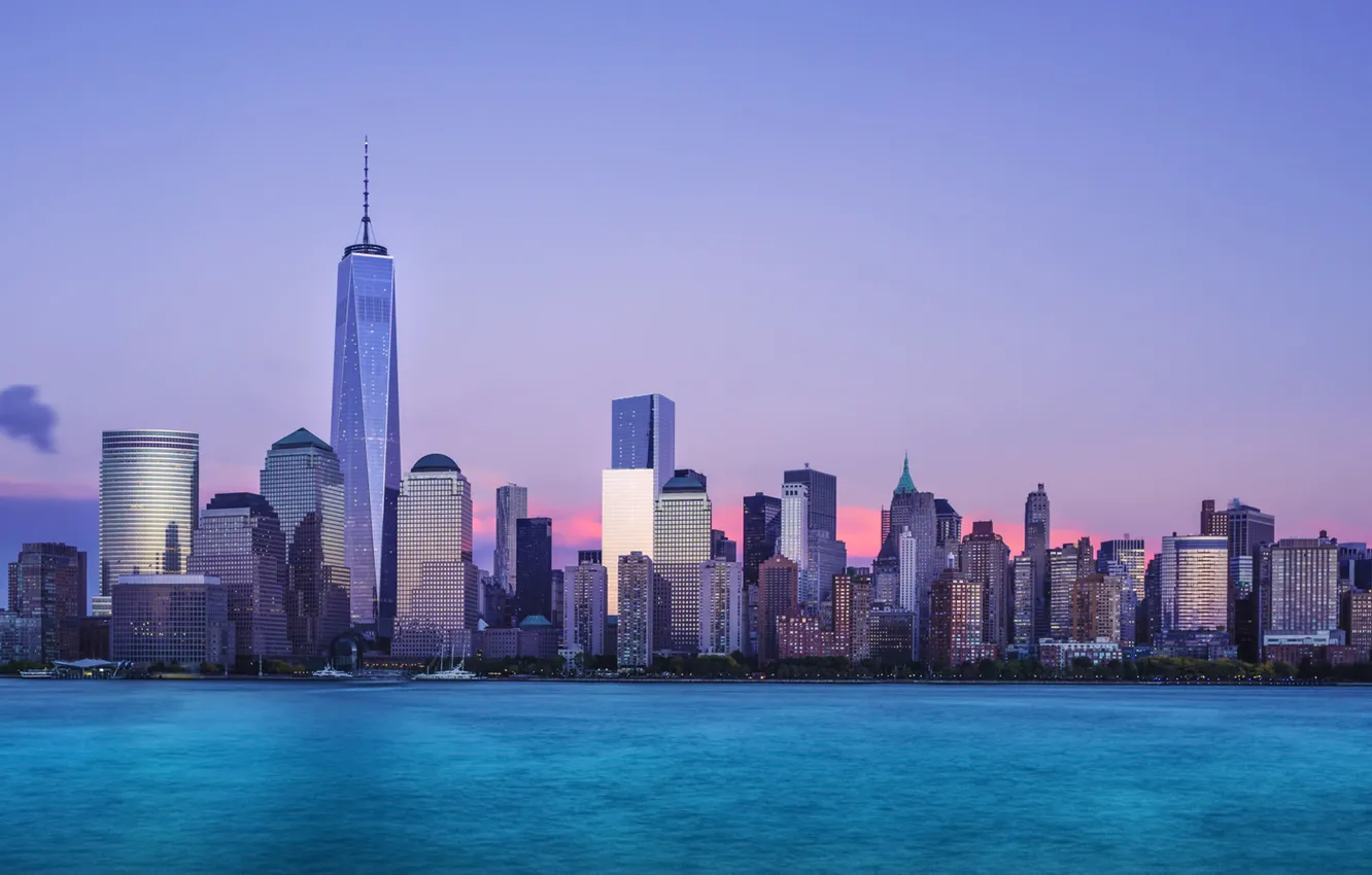 Фото обои Нью-Йорк, вечер, горизонт, Манхэттен, One World Trade Center