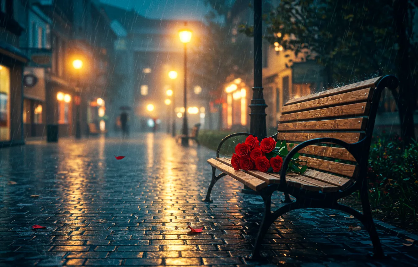 Фото обои скамейка, city, город, дождь, обои, улица, розы, букет