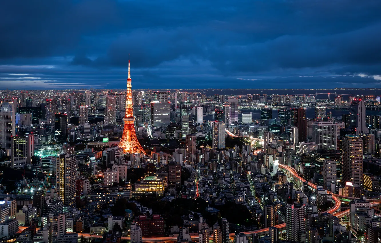 Фото обои огни, вечер, Япония, Токио, Tokyo Tower