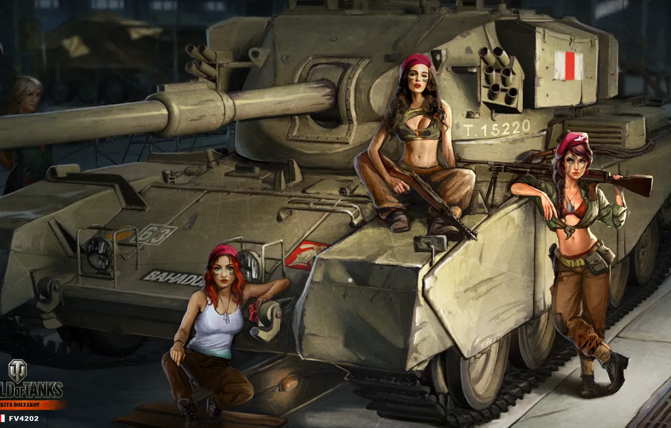 Фото обои девушки, рисунок, арт, ангар, танк, британский, экипаж, средний