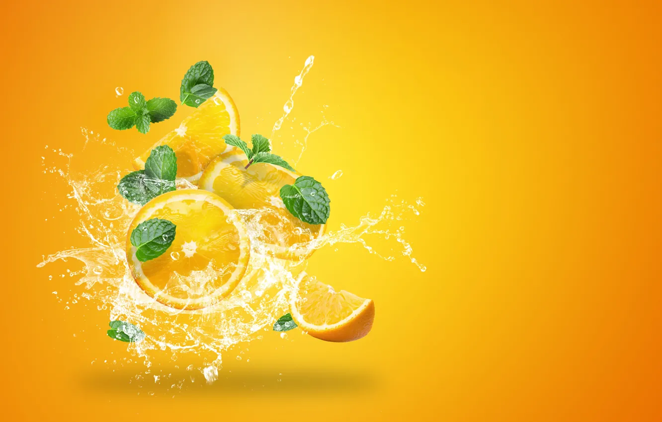 Фото обои вода, брызги, желтый, фон, всплеск, апельсины, цитрус