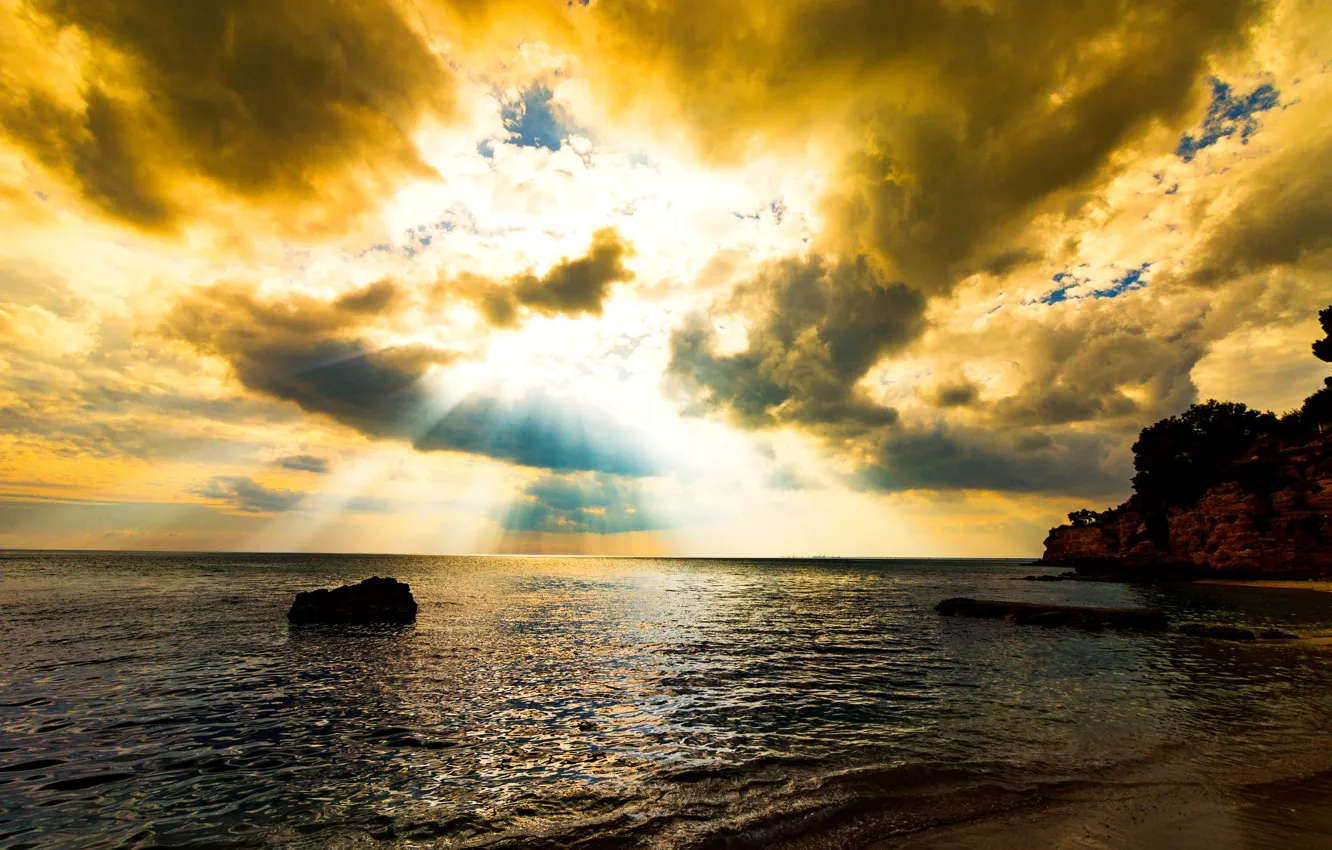 Фото обои море, облака, пейзаж, скалы, берег, Италия, зарево, Апулия