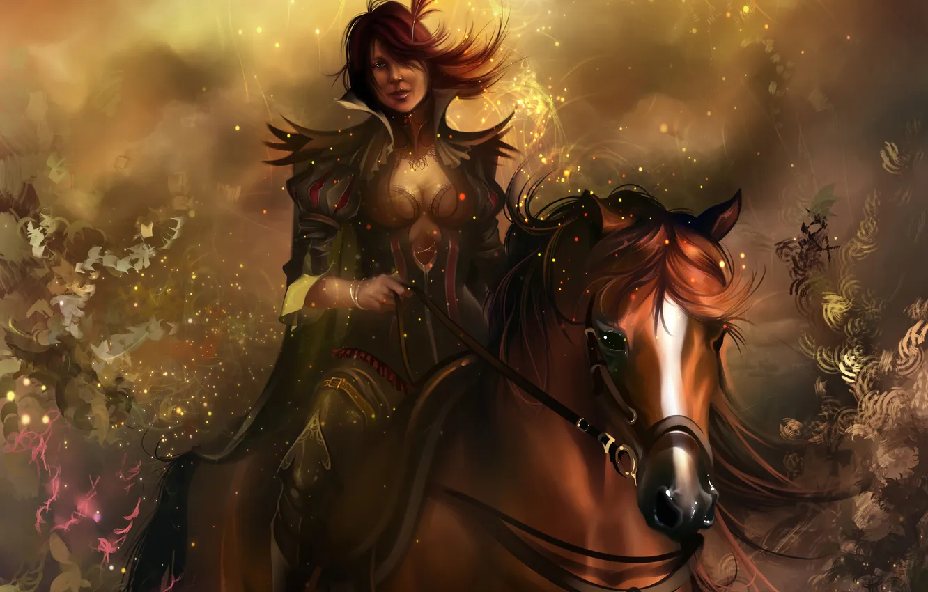 Фото обои конь, перо, блеск, Девушка, всадница, искры