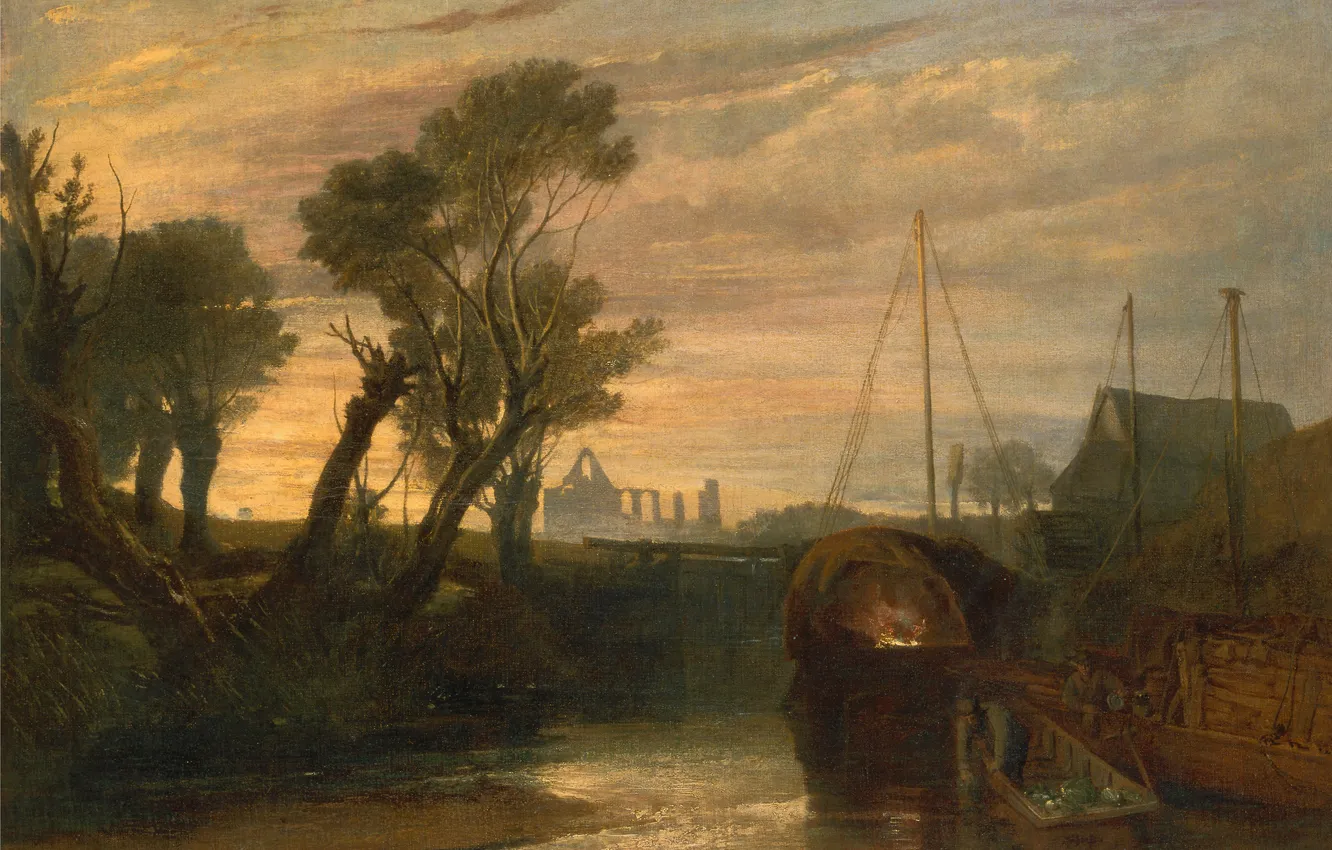 Фото обои деревья, пейзаж, река, лодка, картина, Уильям Тёрнер, Аббатство Ньюарк