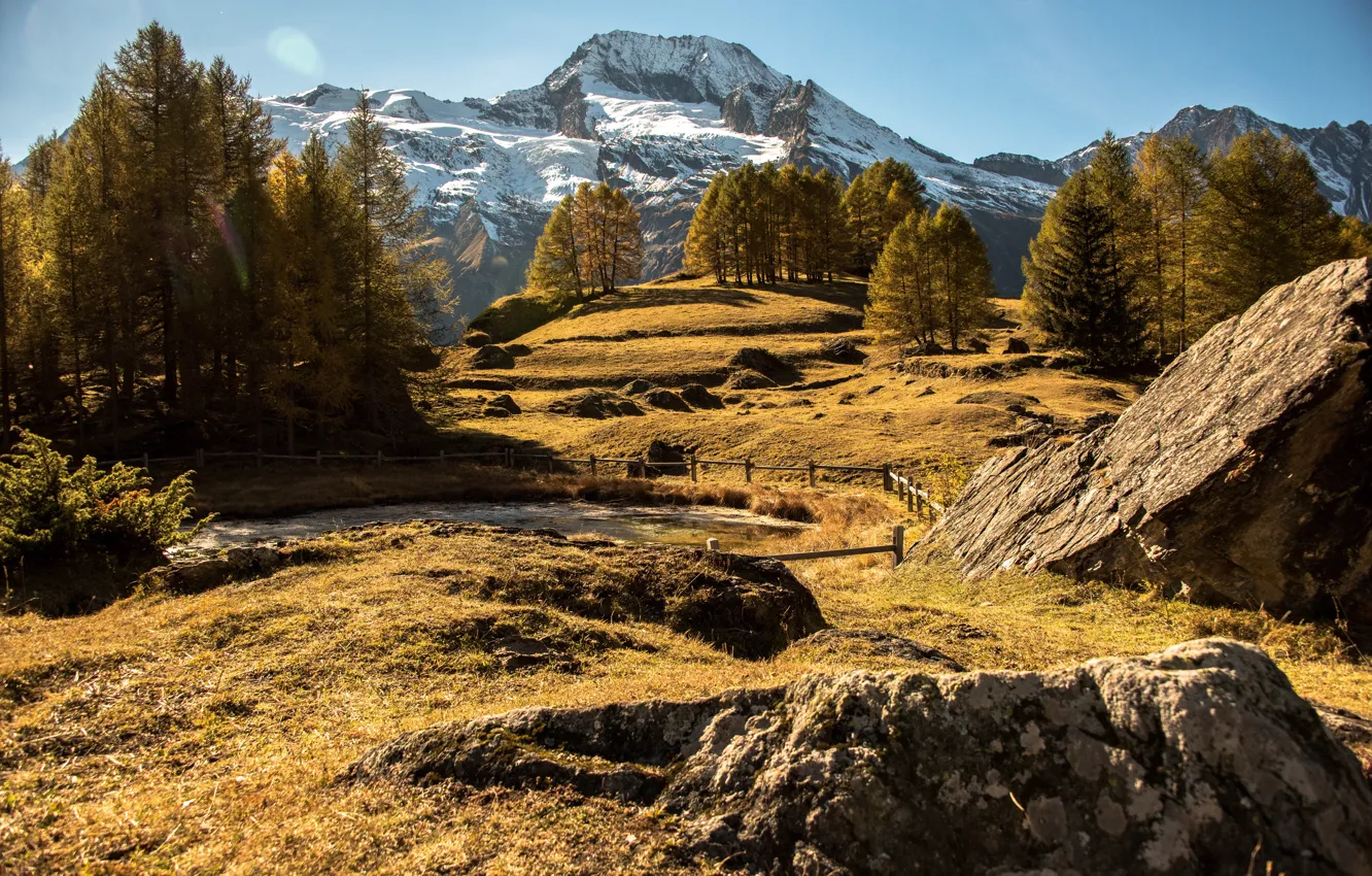 Фото обои осень, солнце, деревья, горы, камни, Франция, изгородь, Le Monal