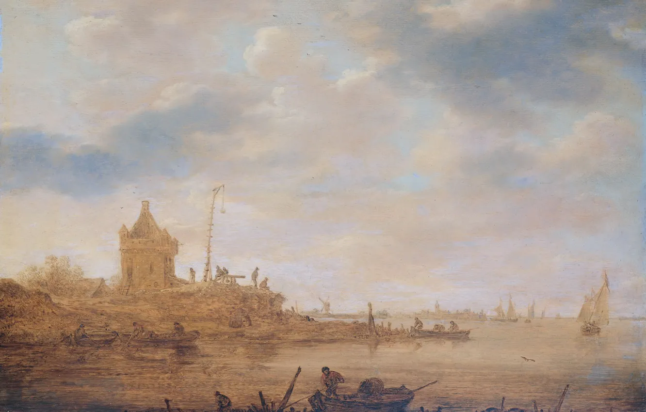 Фото обои пейзаж, масло, картина, Jan van Goyen, Ян ван Гойен, Вид на Реку с Караульной Башней, …