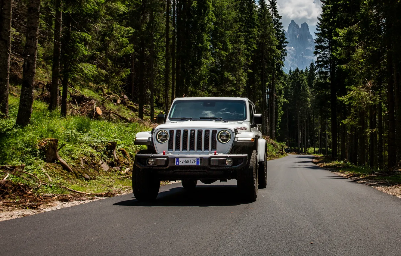 Фото обои белый, внедорожник, пикап, Gladiator, 4x4, Jeep, Rubicon, на дороге