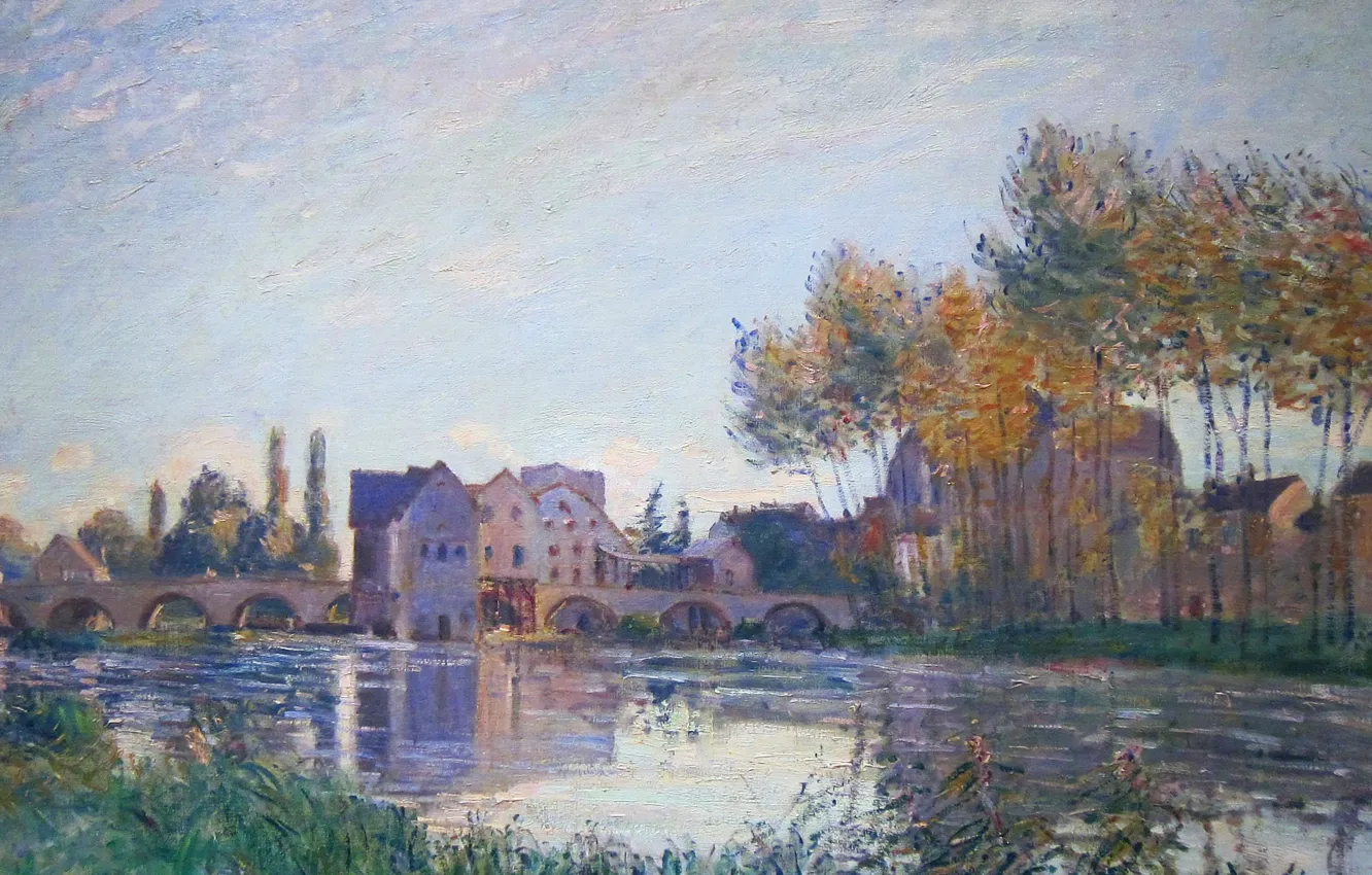 Фото обои осень, деревья, пейзаж, мост, река, дома, картина, Alfred Sisley