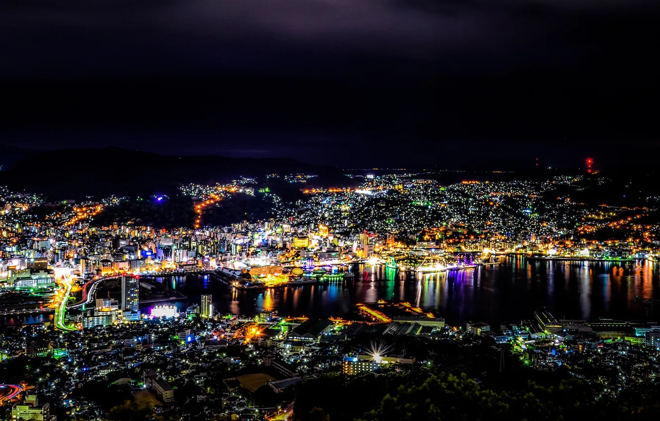Фото обои ночь, огни, Япония, мегаполис, Nagasaki