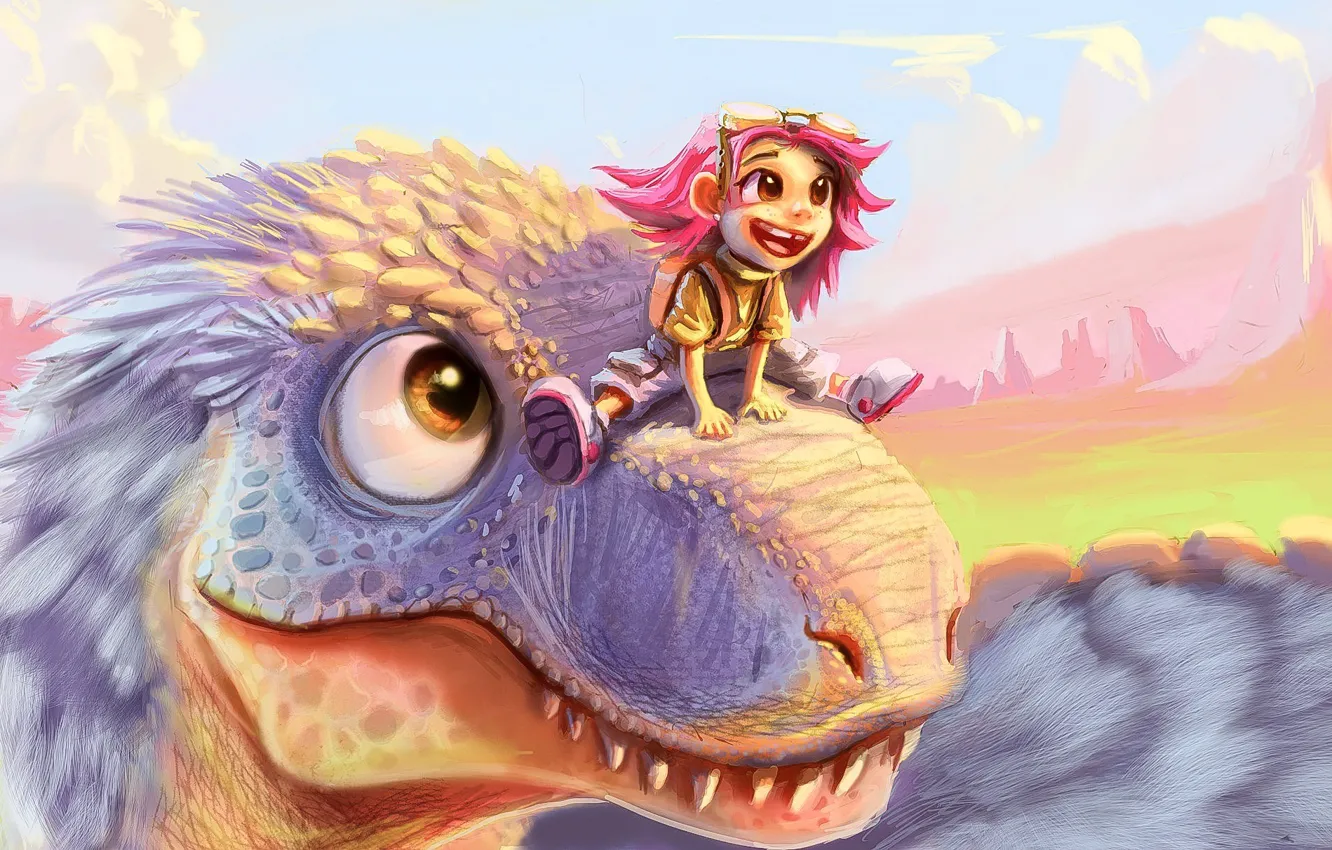 Фото обои природа, динозавр, девочка